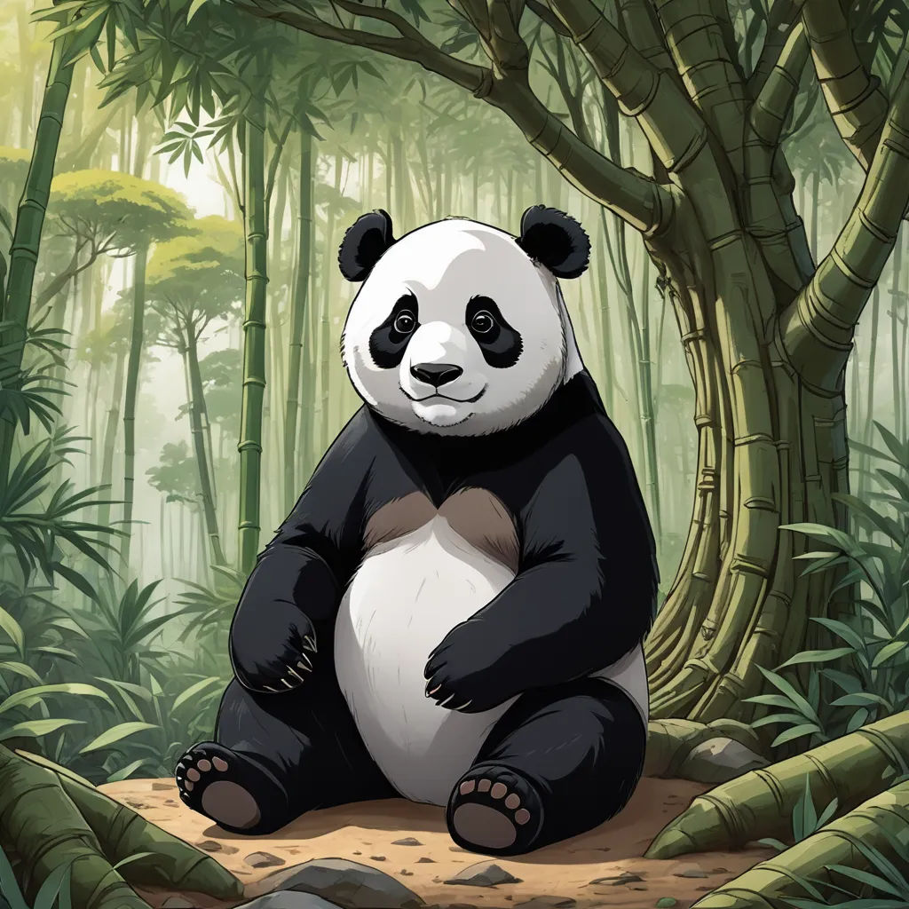 a panda bear sitting on a rock in a forest with bamboo trees and rocks around it, with a green background, fantasy art, a character portrait, Brom, 2 d game art