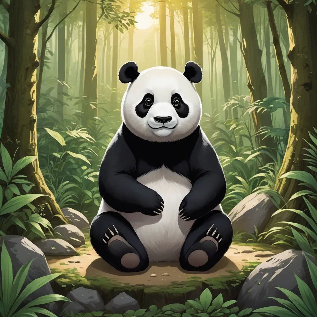 a panda bear sitting on a rock in a forest with rocks and trees around it, with the sun shining through the trees, sots art, a digital painting, Fan Qi, official art