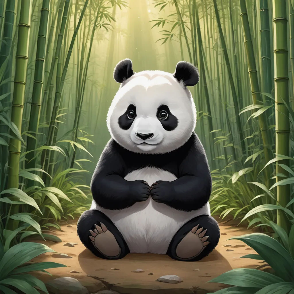 a panda bear sitting on a rock in a bamboo forest with bamboo trees and sunlight shining through the leaves, sots art, a digital painting, Fan Qi, magic the gathering artwork