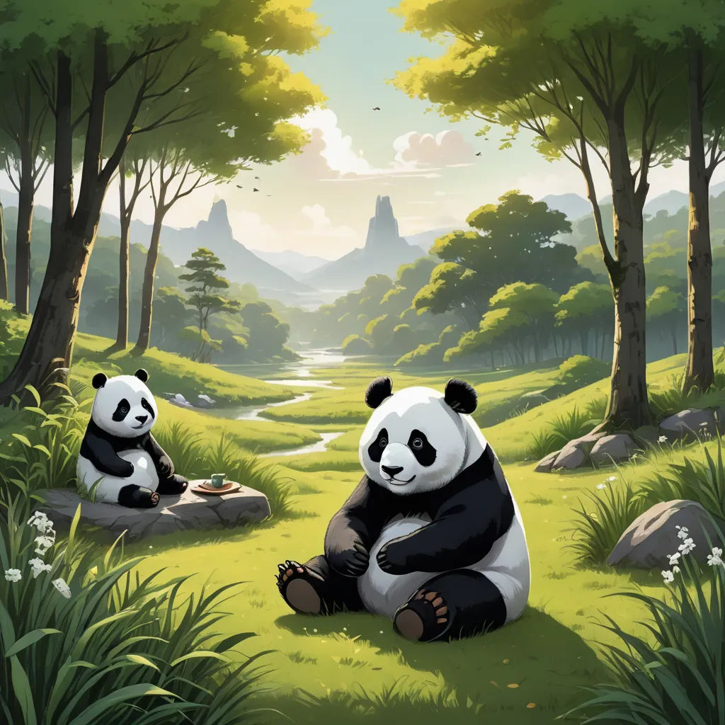 a panda bear sitting on a rock in a forest with a stream running through it and a mountain in the background, fantasy art, a painting, Chris LaBrooy, game art