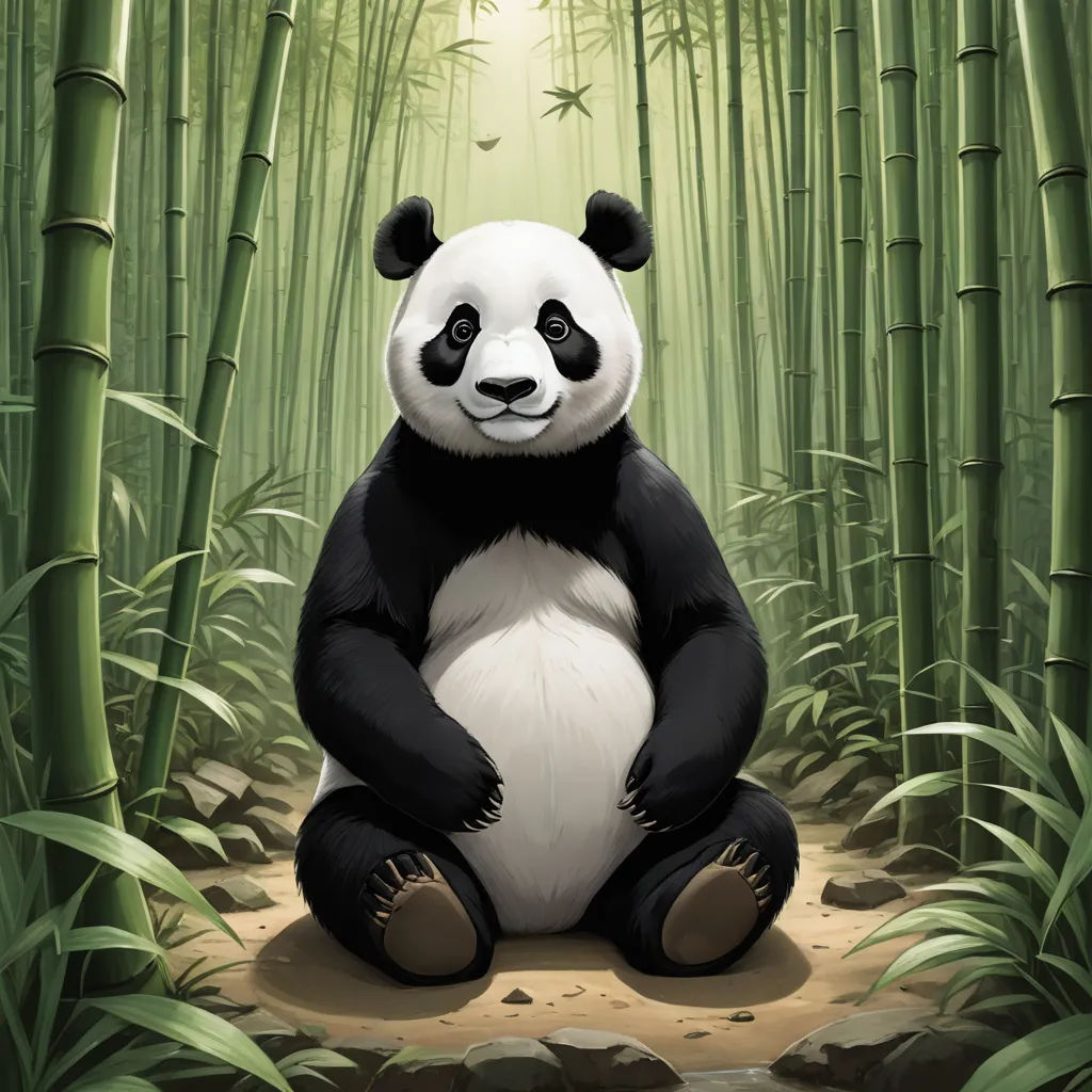 a panda bear sitting in a bamboo forest with bamboo trees in the background and a bright light coming from behind, fantasy art, a digital painting, Adrian Zingg, 2 d game art