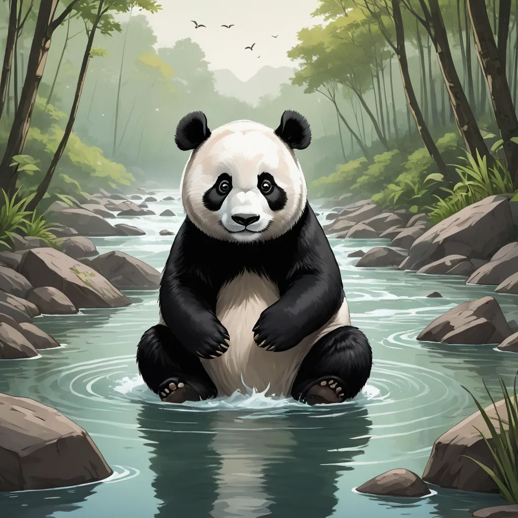 a panda bear sitting in a river surrounded by rocks and trees with birds flying overhead in the background and a stream running through the rocks, environmental art, a storybook illustration, Chen Hong, game art