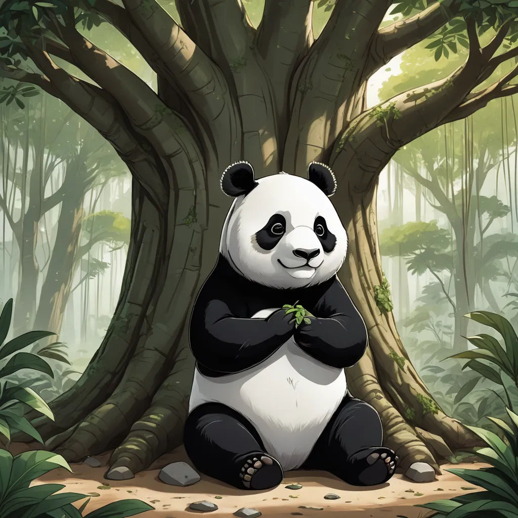 a panda bear sitting on the ground in front of a tree with its arms crossed and a bow in its mouth, environmental art, a character portrait, Chris LaBrooy, official art