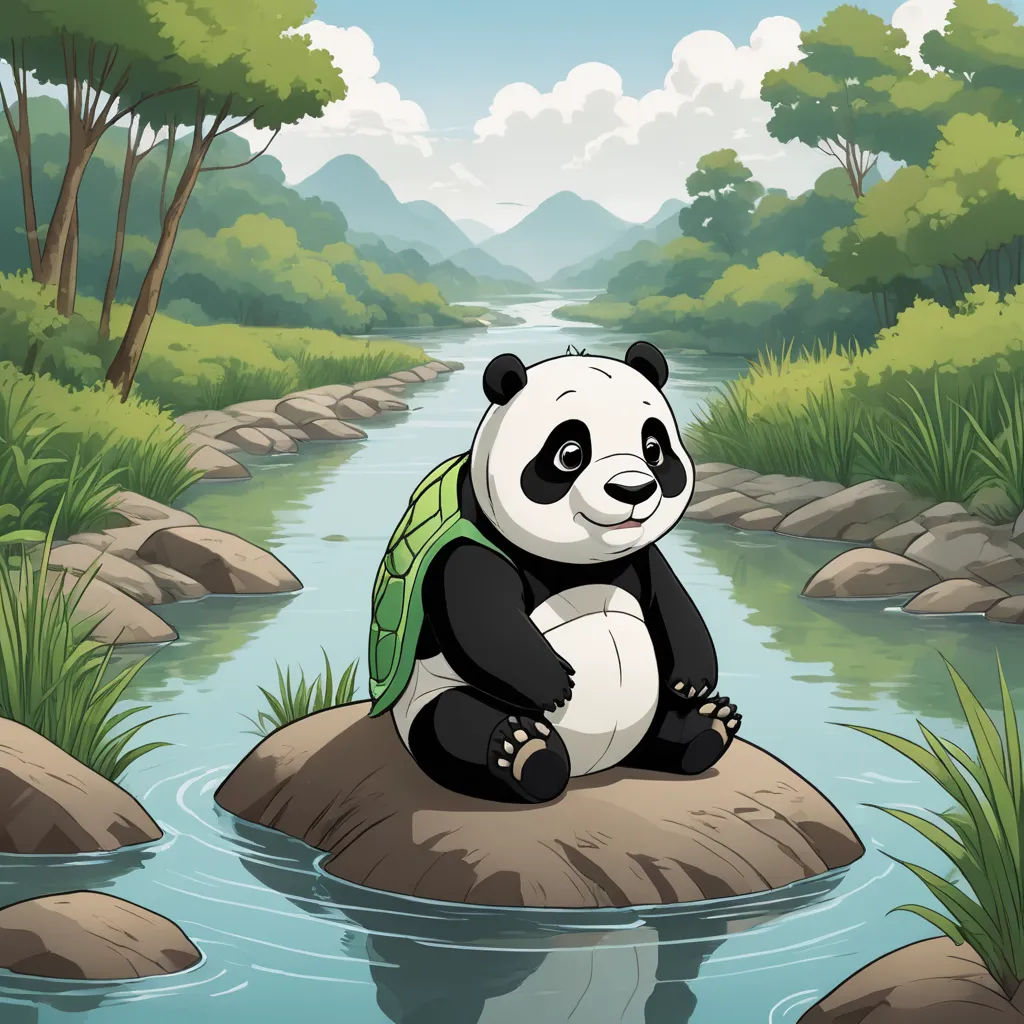 a panda bear sitting on a rock in a river with a backpack on it's back and a mountain in the background, environmental art, a storybook illustration, Ding Guanpeng, tranquil