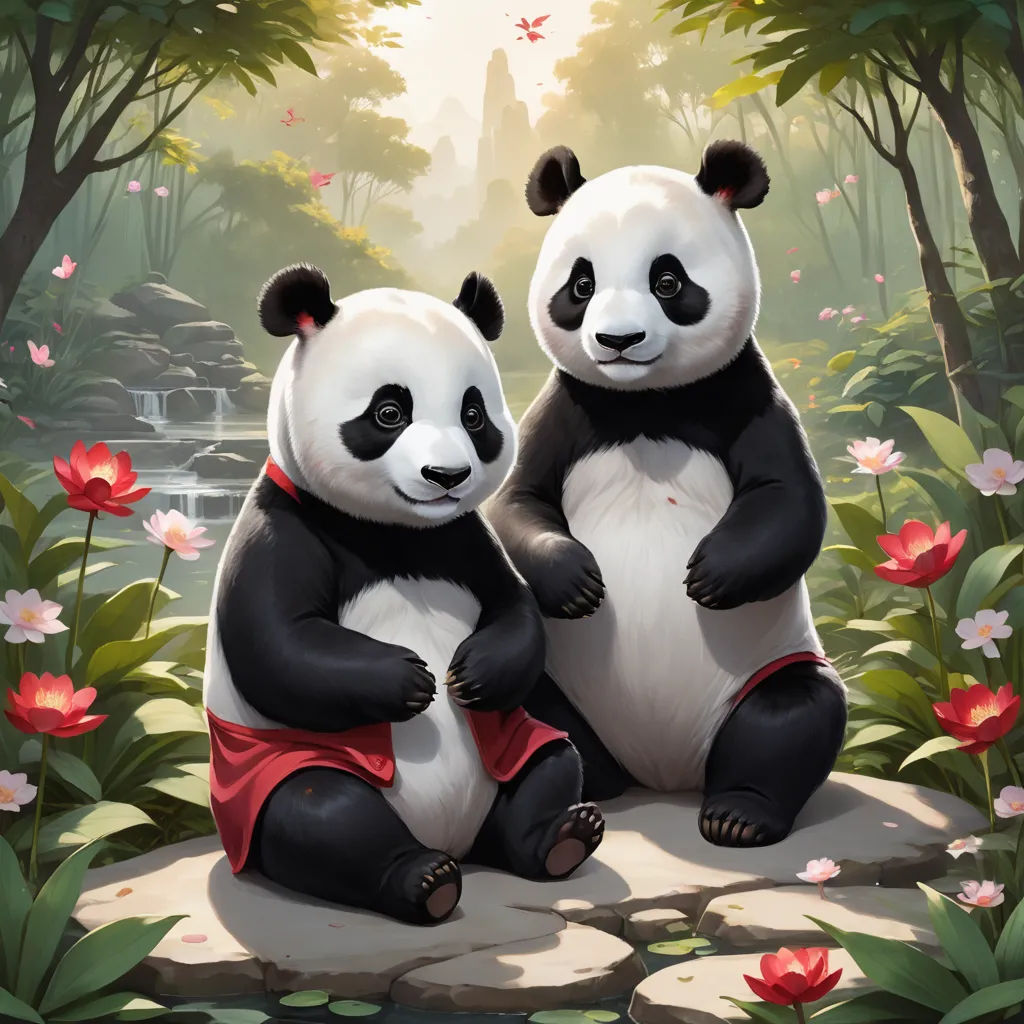 two panda bears sitting on a rock in a forest with flowers and trees in the background, one of them is holding the other, sots art, a painting, Fan Qi, magic the gathering artwork