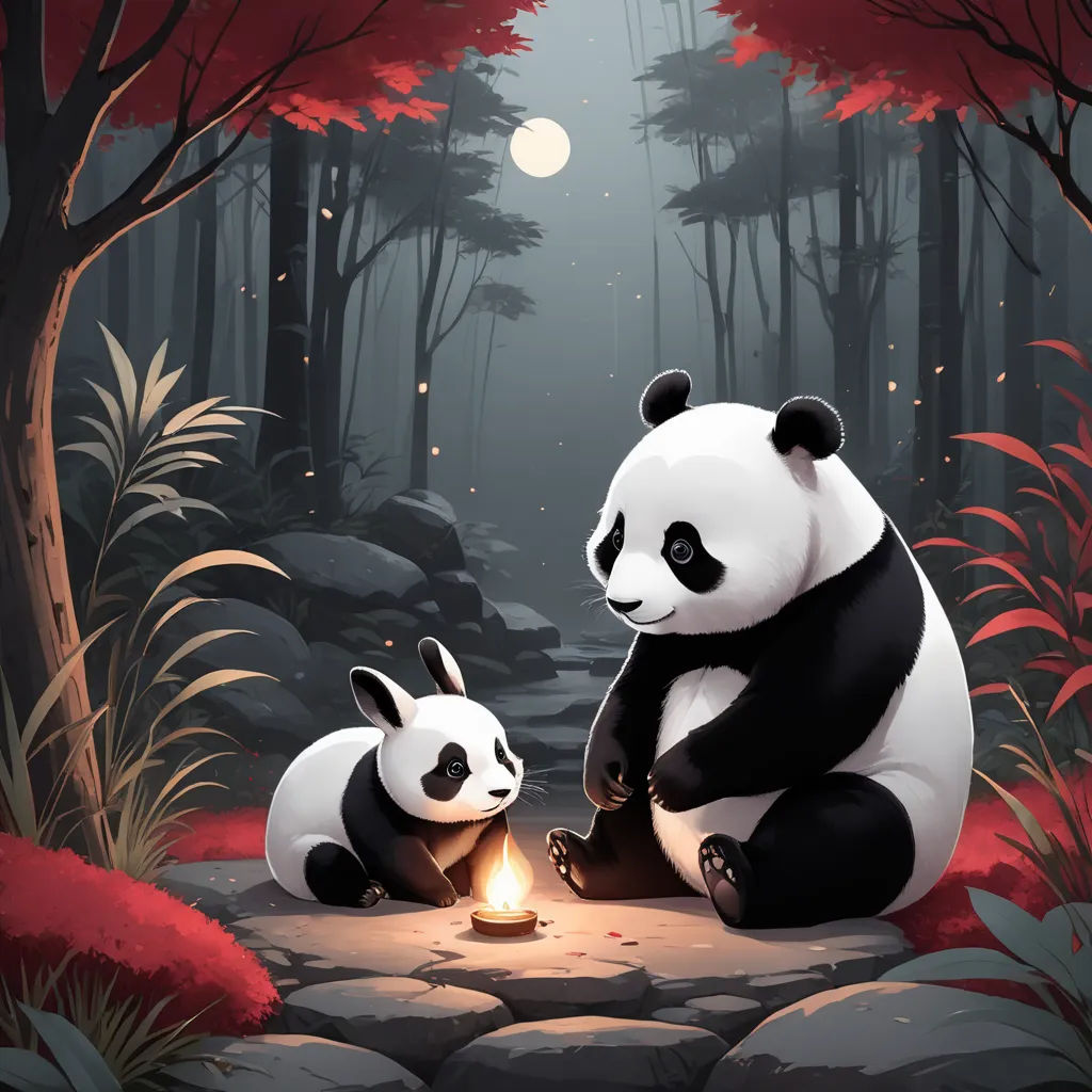a panda bear sitting next to another panda bear on a rock in a forest with a candle in its hand, fantasy art, a storybook illustration, Atey Ghailan, trending on art station