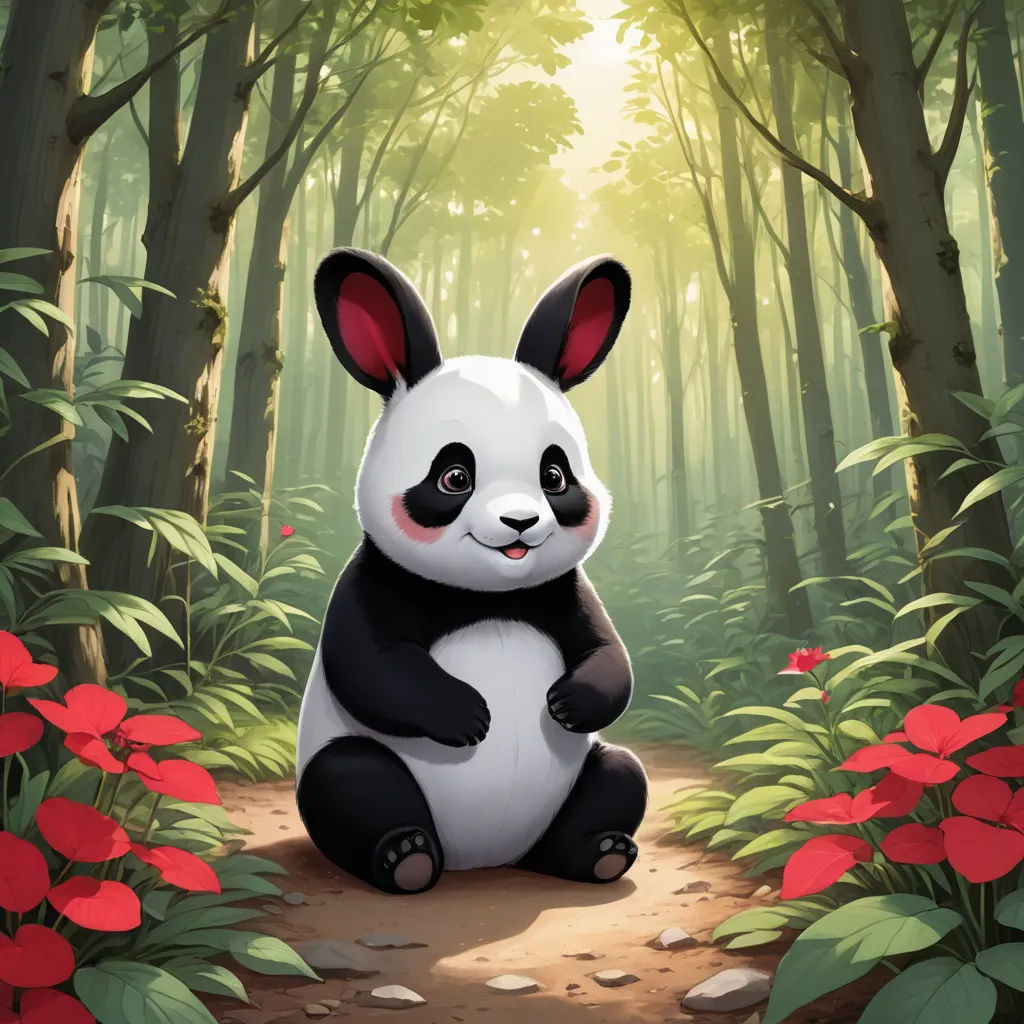 a panda bear sitting on a path in a forest with red flowers and trees in the background, with a sunbeam, sots art, a character portrait, Fan Qi, splash art