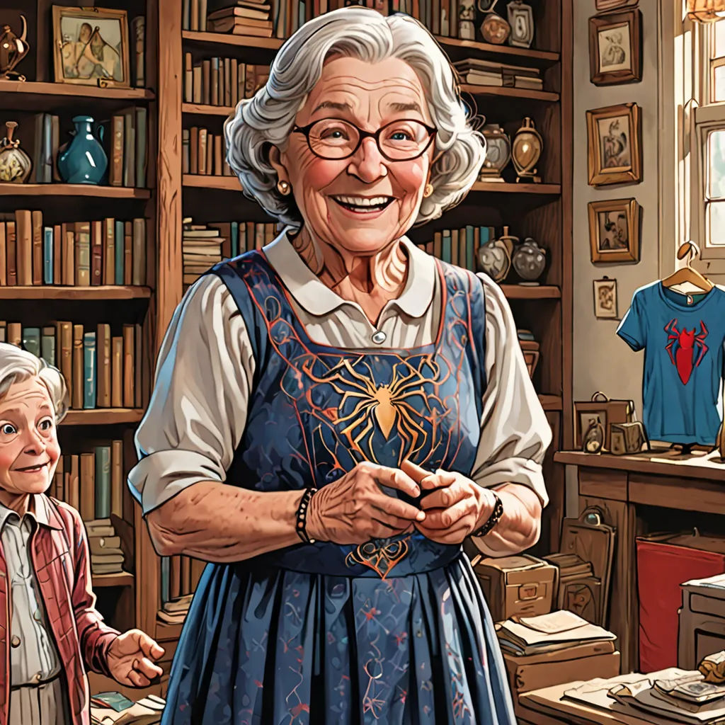a painting of an elderly woman and a young boy in a library with bookshelves and bookshelves, academic art, a storybook illustration, Alton Tobey, in gouache detailed paintings