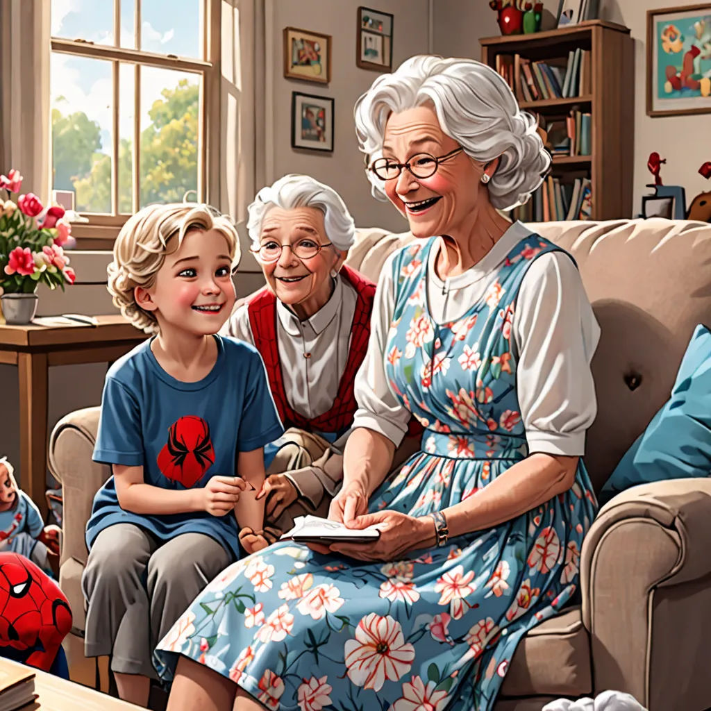 a painting of a woman and two children sitting on a couch with a spiderman on the couch and a spider man on the couch, american scene painting, a storybook illustration, Alton Tobey, highly detailed digital painting