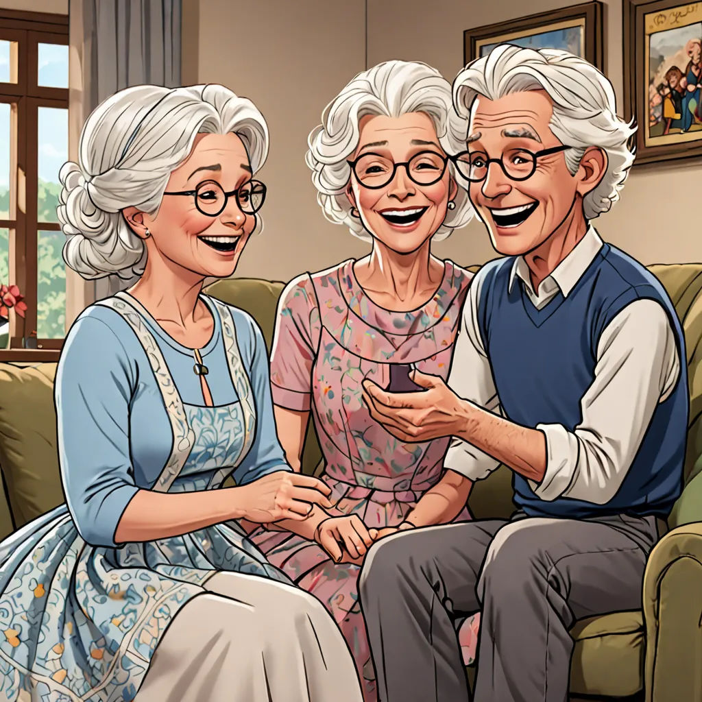 a cartoon of a family sitting on a couch together and laughing at each other's faces, with a picture of a family on the wall behind them, fantastic realism, a comic book panel, F Scott Hess, comic cover art