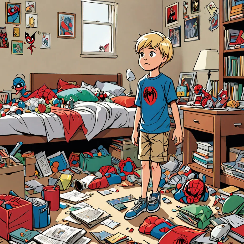 a boy standing in a messy room with a spiderman shirt on and a lot of toys on the floor, postminimalism, a comic book panel, Asaf Hanuka, marvel comics