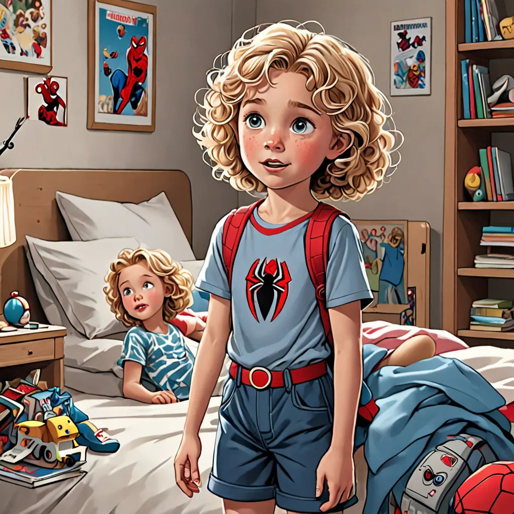 a painting of a girl and a boy in a bedroom with spiderman toys on the bed and a spiderman poster on the wall, photorealism, a comic book panel, Alton Tobey, comic book