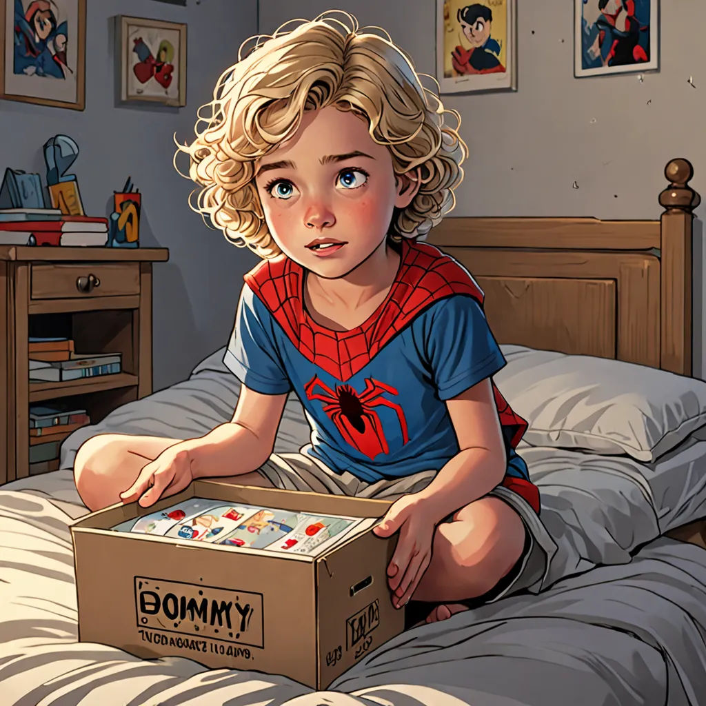 a little girl sitting on a bed with a box of dominos in her hand and a spiderman shirt on, photorealism, a comic book panel, Artgerm, stanley artgerm lau