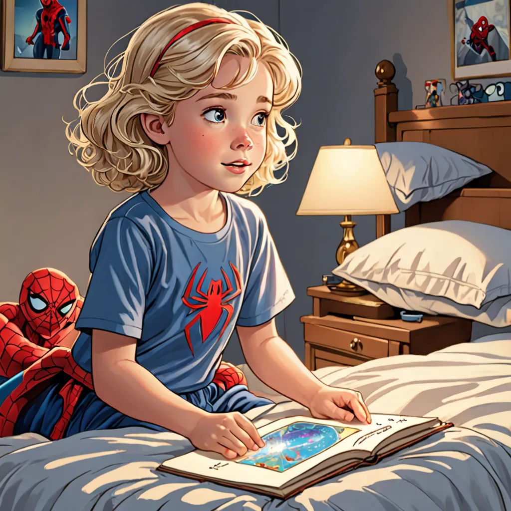 a little girl sitting on a bed reading a book with a spider man in the background and a stuffed animal, photorealism, a comic book panel, Alton Tobey, comic book