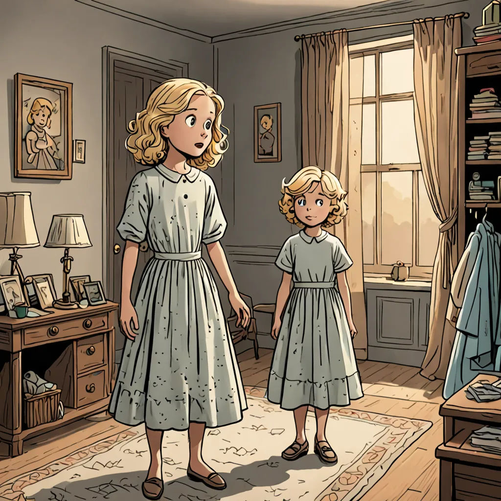 a woman and a child standing in a room with a rug on the floor and a window with curtains, process art, a comic book panel, Beatrix Potter, graphic novel