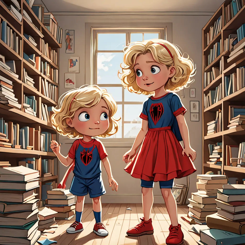 a couple of kids standing in a library with books on the shelves and a window behind them with a skylight, fantasy art, a storybook illustration, Diego Gisbert Llorens, storybook illustration