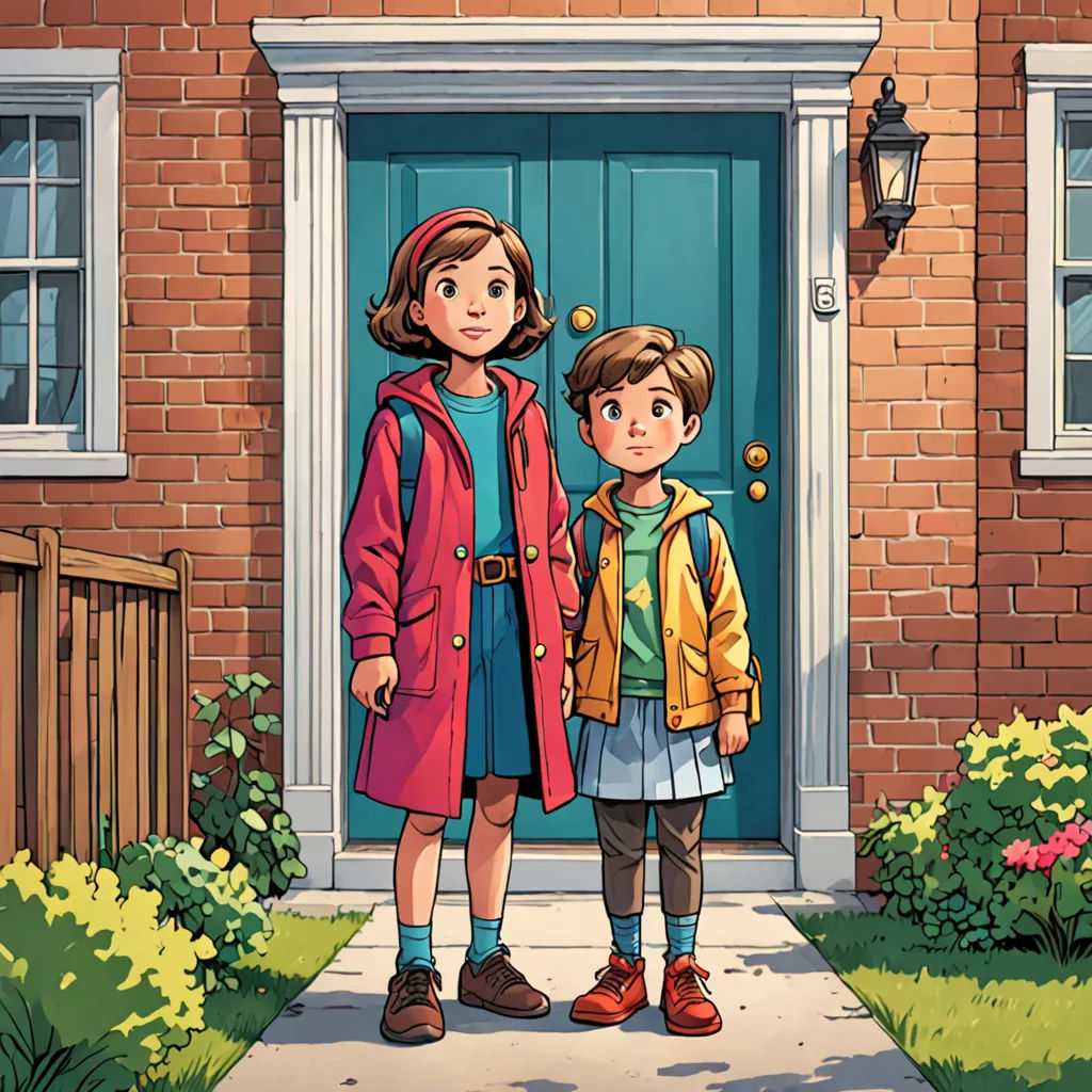 a woman and a boy standing in front of a house with a blue door and a red coat on, vancouver school, a storybook illustration, Colin Middleton, book cover