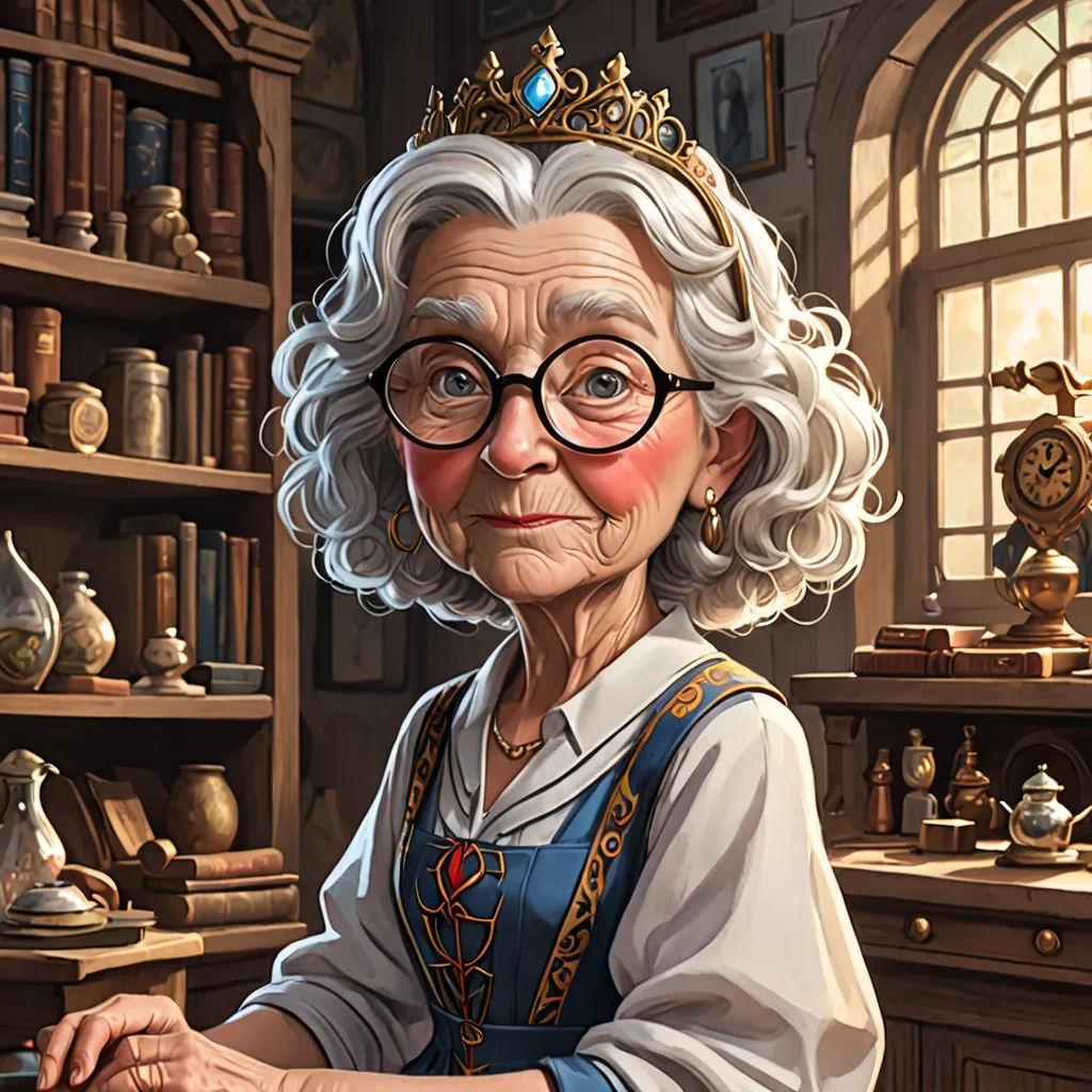 a cartoon of a woman in a library with a bookcase and books on the shelves behind her is a clock, fantasy art, a character portrait, Ada Gladys Killins, game art