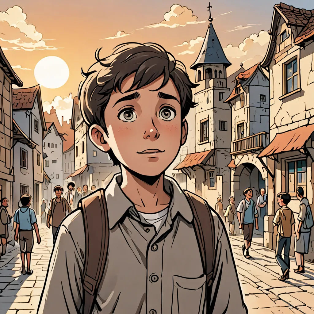 a man standing in front of a street with a lot of people walking around it and a clock tower in the background, fantasy art, a comic book panel, Diego Gisbert Llorens, rossdraws global illumination