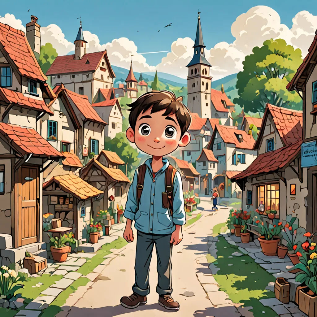 a boy standing in front of a village with a street and buildings in the background and a bird flying overhead, fantasy art, a storybook illustration, Diego Gisbert Llorens, storybook illustration