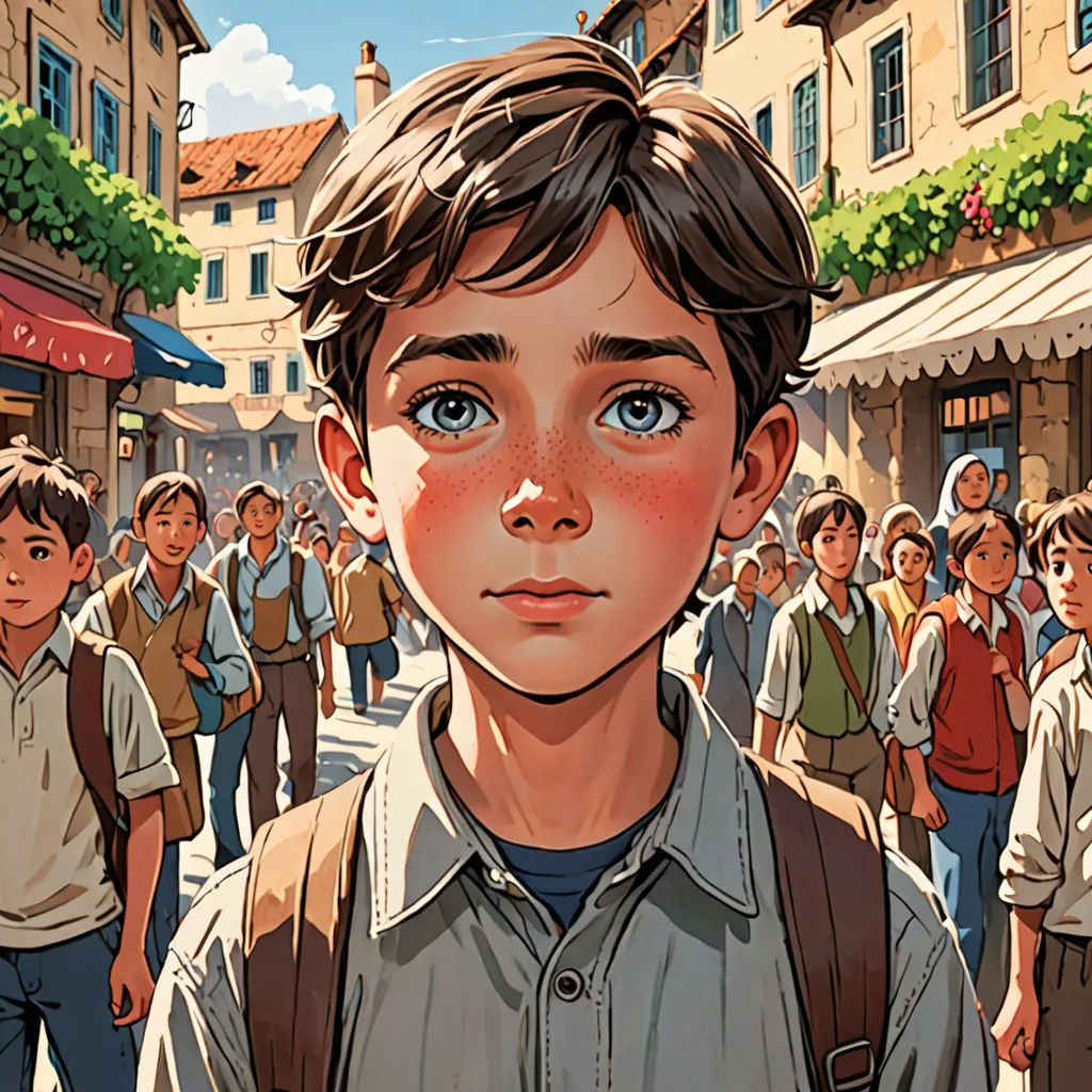 a boy with a backpack standing in front of a crowd of people in a city street with buildings and trees, fantastic realism, a comic book panel, Aaron Jasinski, rossdraws global illumination