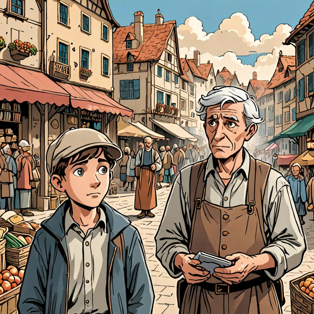 a man and a boy standing in front of a market place with a man holding a book in his hands, les automatistes, a comic book panel, Cedric Seaut (Keos Masons), graphic novel