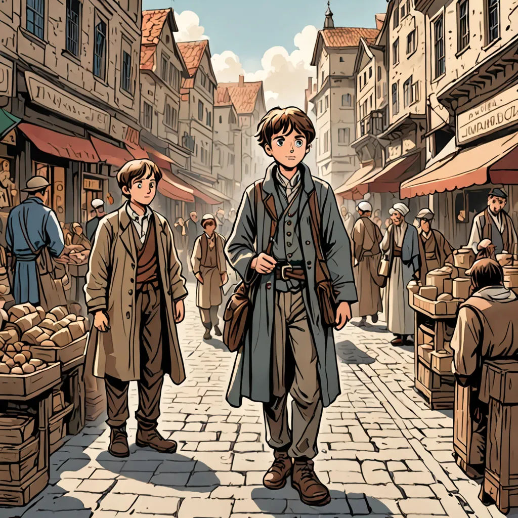 a man standing next to another man on a street near a market place with people walking around it and a man in a trench coat, magical realism, a comic book panel, Cedric Seaut (Keos Masons), graphic novel