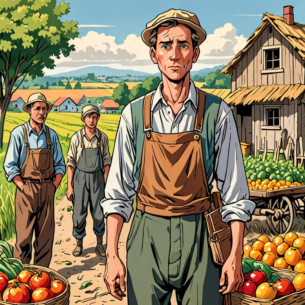 a man standing in front of a basket of fruit next to a man with a hat on and a house in the background, socialist realism, a comic book panel, Asaf Hanuka, graphic novel