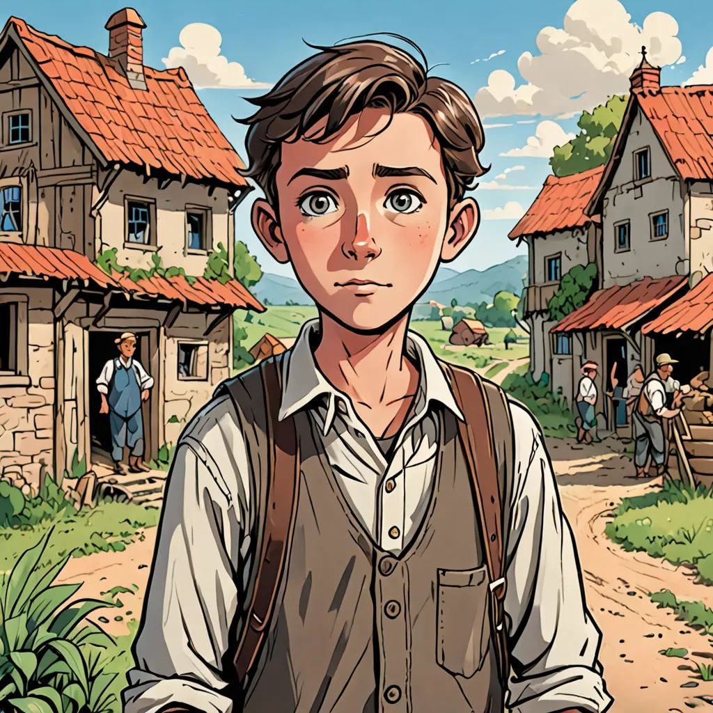 a man standing in front of a village with a red roof and a red tiled roof on top of it, process art, a comic book panel, Cedric Seaut (Keos Masons), comic cover art