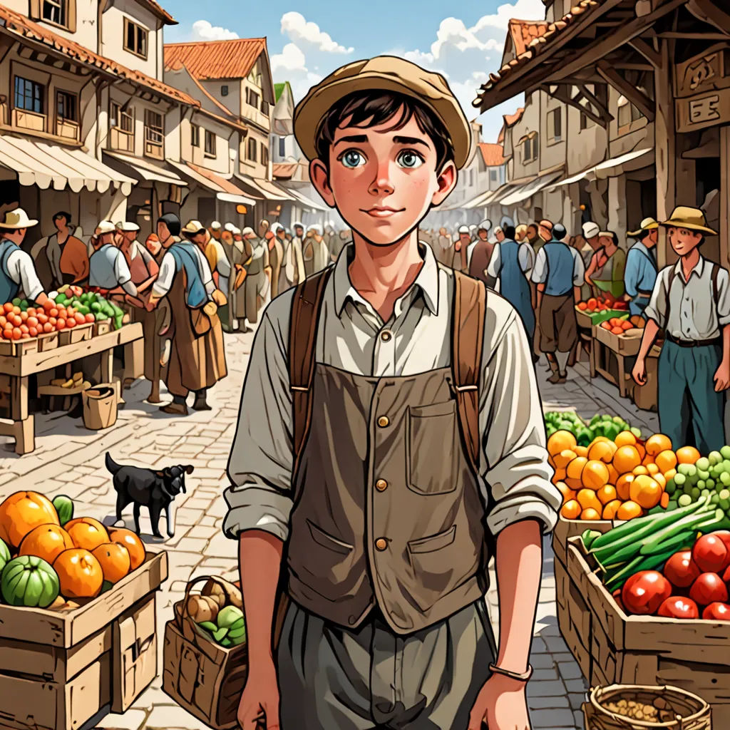 a man standing in front of a market filled with fruit and vegetables and a dog standing next to him, fantastic realism, a storybook illustration, Diego Gisbert Llorens, comic cover art