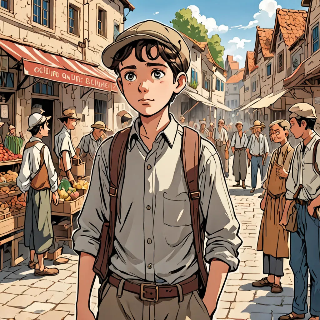 a man standing in front of a market filled with people and vegetables on a street corner with a man in a hat, fantastic realism, a comic book panel, Cedric Seaut (Keos Masons), graphic novel