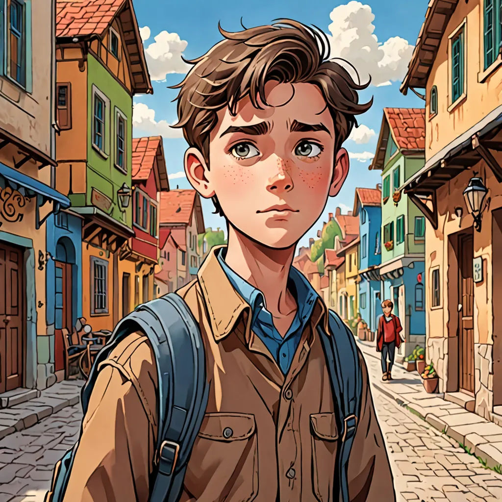 a boy with a backpack is standing in the street of a small town with a few buildings and a woman is walking by, fantasy art, a comic book panel, Cedric Seaut (Keos Masons), rossdraws global illumination