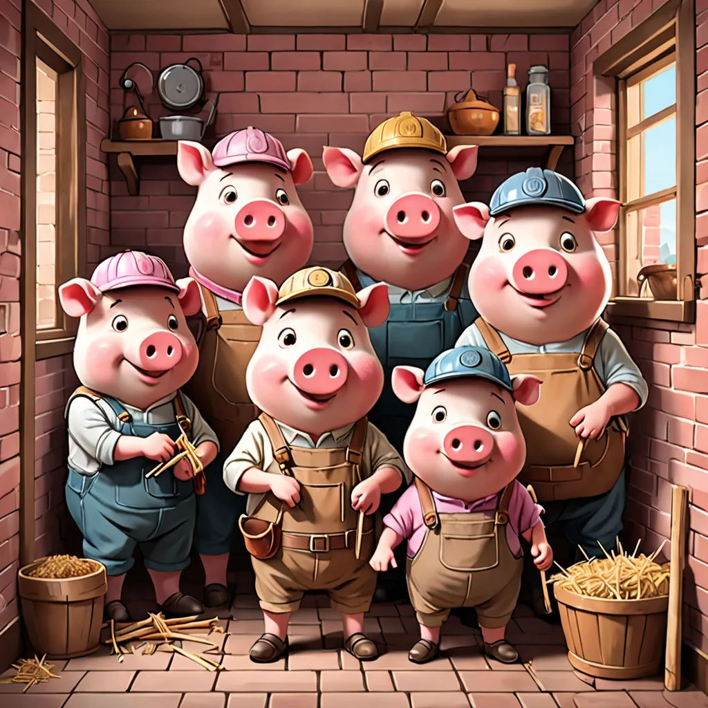 a group of pigs standing next to each other in a room with a brick wall and a window on the side, David Martin, sots art, a storybook illustration, official art