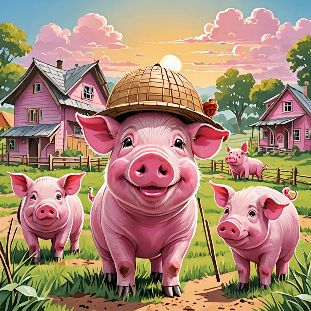 a pig family with a pig in a farm scene with a bird on top of its head and a pig in the foreground, David Young Cameron, precisionism, a storybook illustration, official art