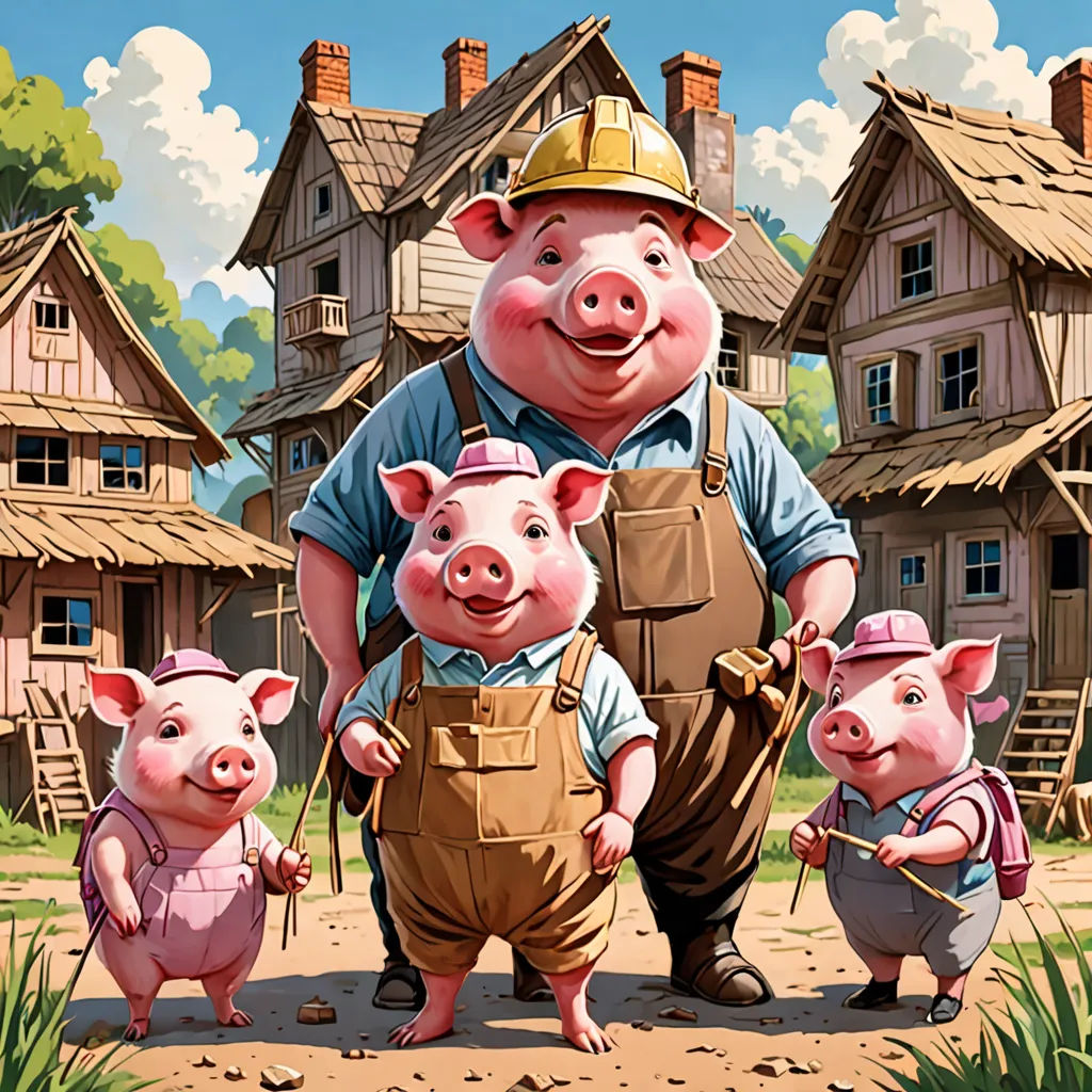 a man with three pigs in front of a village with houses and a pig on the ground with a stick, Bob Byerley, socialist realism, a storybook illustration, storybook illustration