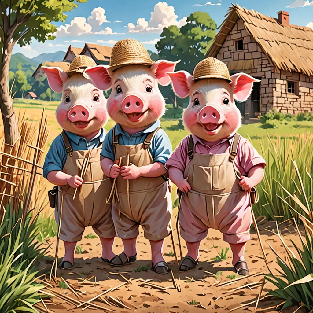 three pigs are standing in a field with a house in the background and a person holding a cane in the foreground, Bob Byerley, fantastic realism, a storybook illustration, highly detailed digital painting