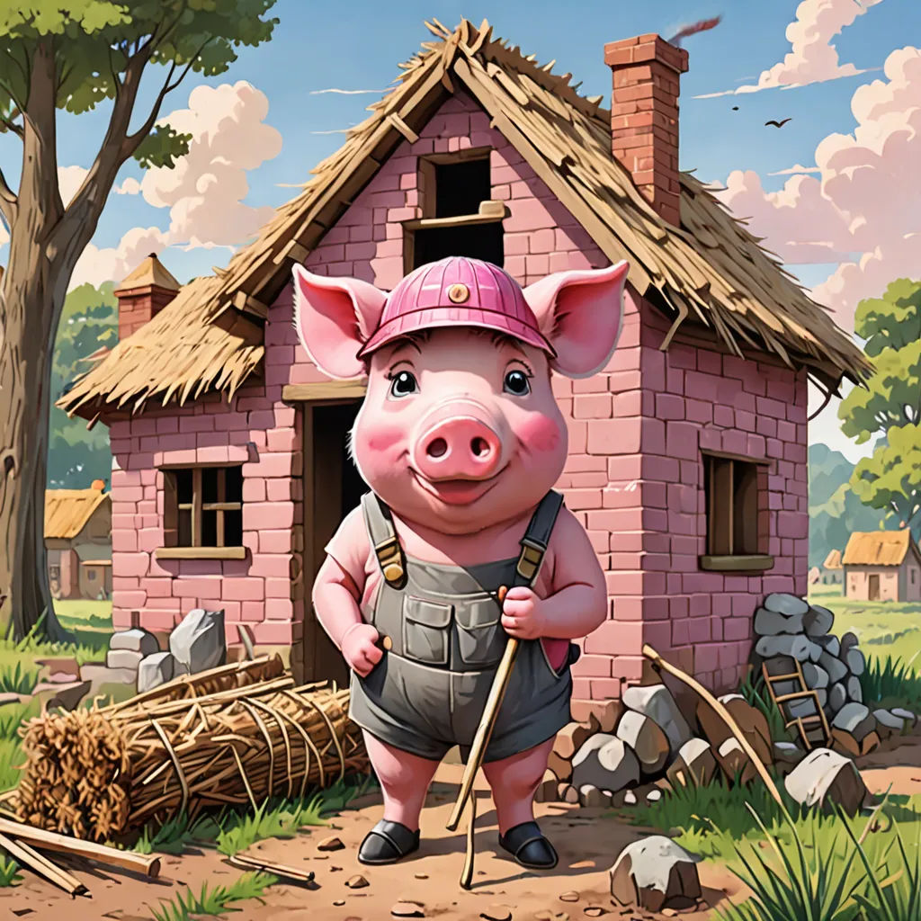 a pig is standing in front of a pink house with a pink hat and a stick in his hand, Chris LaBrooy, precisionism, a storybook illustration, storybook illustration
