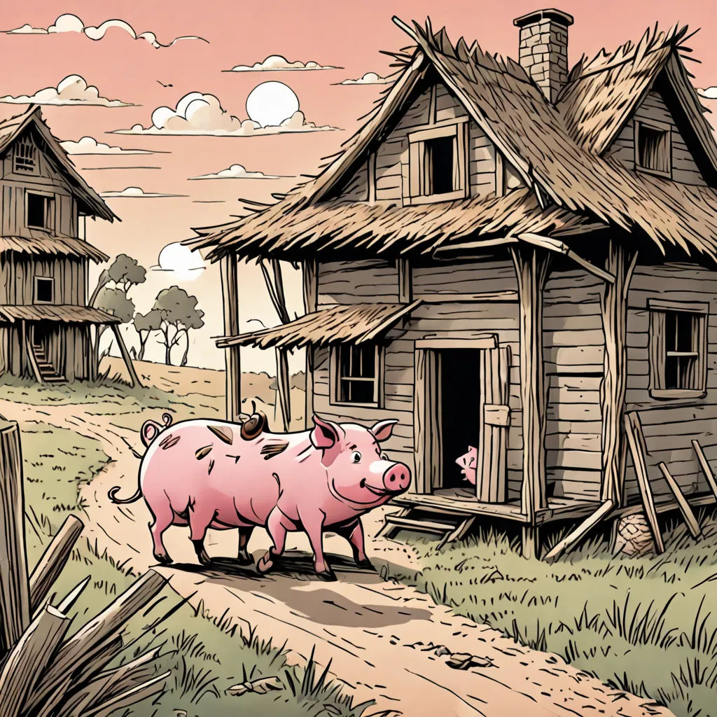 a couple of pigs standing in front of a house with a thatched roof and a pig on the road, Farel Dalrymple, underground comix, a storybook illustration, storybook illustration