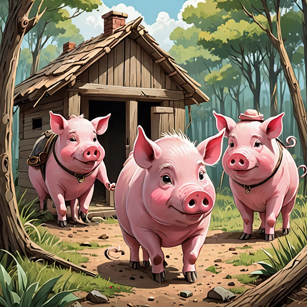 three pigs standing in front of a small cabin in the woods with a dog on a leash on their back, Dan Mumford, fantastic realism, a storybook illustration, storybook illustration