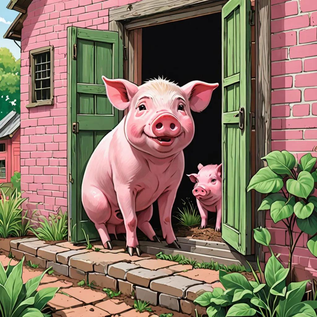 a pig and a pig pig are standing outside of a pink house with green doors and windows and brick walkway, David Young Cameron, fantastic realism, a storybook illustration, storybook illustration