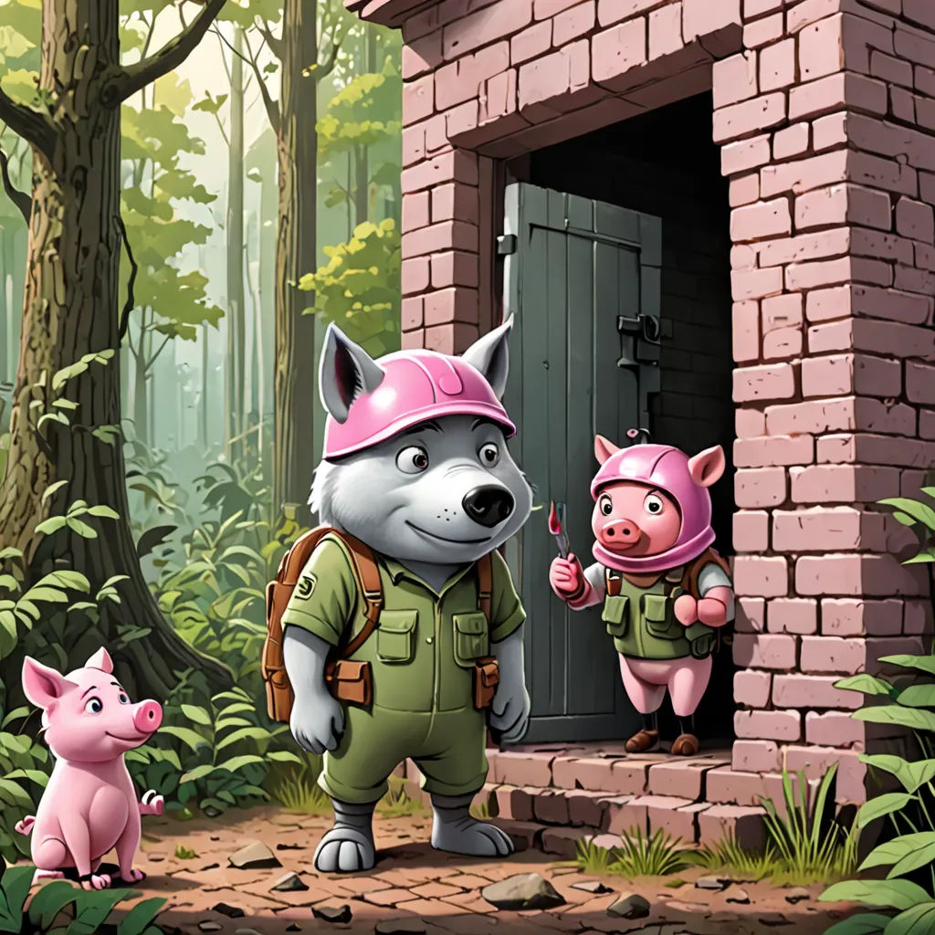 a cartoon of a man and a woman with pigs in the woods near a brick building and a pig, Diego Gisbert Llorens, sots art, a storybook illustration, storybook illustration