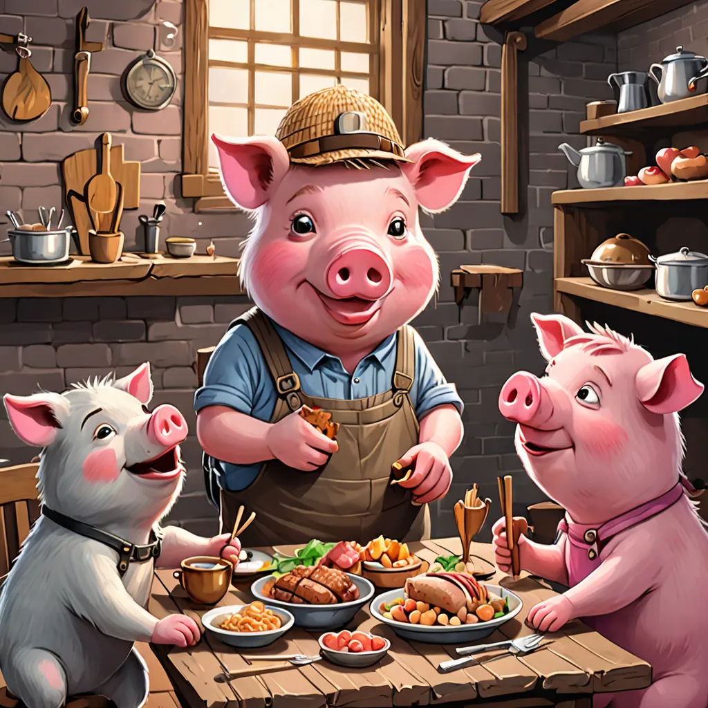 a pig and two pigs are eating at a table with food on it and a man is standing next to them, David Teniers III, sots art, a storybook illustration, official art