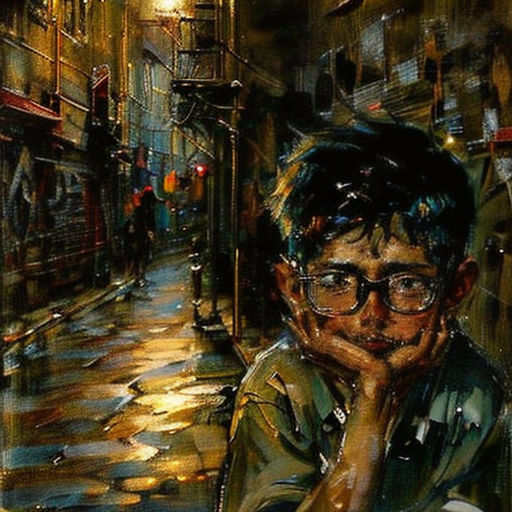 a painting of a man sitting on a bench in the rain with his hand on his face and his hand on his chin