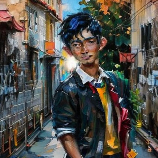 a painting of a man walking down a street with a bag in his hand and a backpack on his shoulder