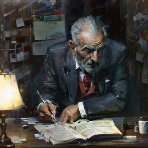 a man in a suit is sitting at a desk with a book and pen in his hand and a lamp on the table