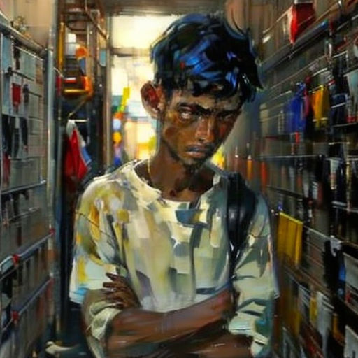 a painting of a man standing in a room with many shelves of books and bookshelves in it