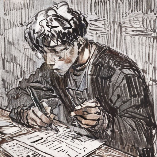 a drawing of a man sitting at a table with a pen and paper in his hand and writing on a piece of paper