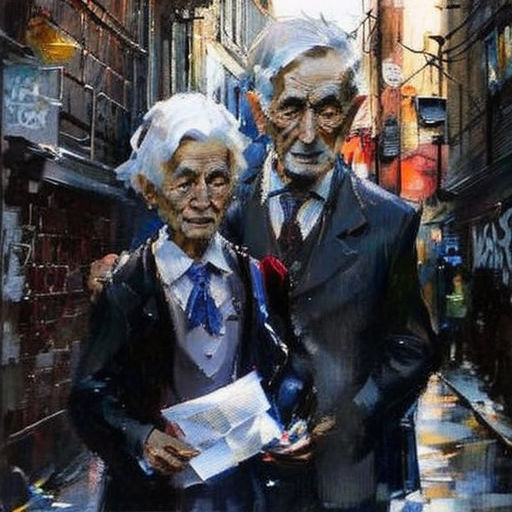a painting of two men in suits and ties standing in a street with a newspaper in his hand and a newspaper in his other hand