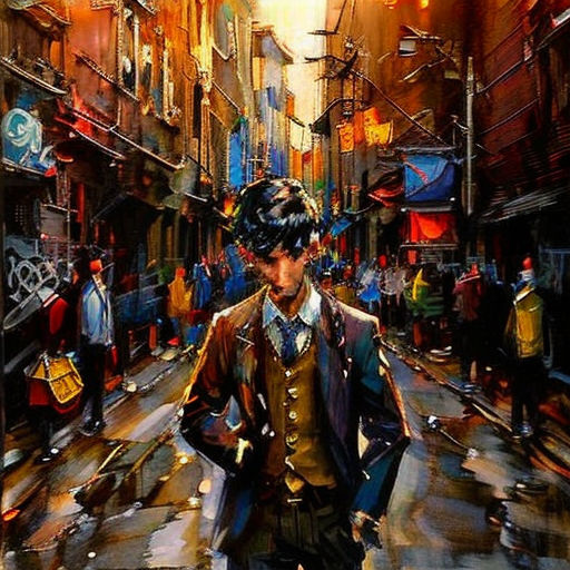 a painting of a man walking down a street in the rain with an umbrella over his head and a hat on his head
