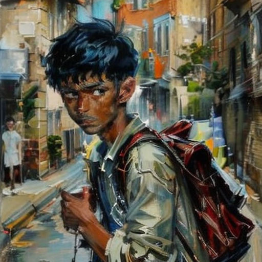 a painting of a man with a backpack and a cell phone in his hand, walking down a street